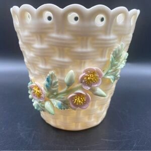 Belleek Porcelain Basketweave, Pierced Edge Vase /Cache Pot/Planter -Vtg.